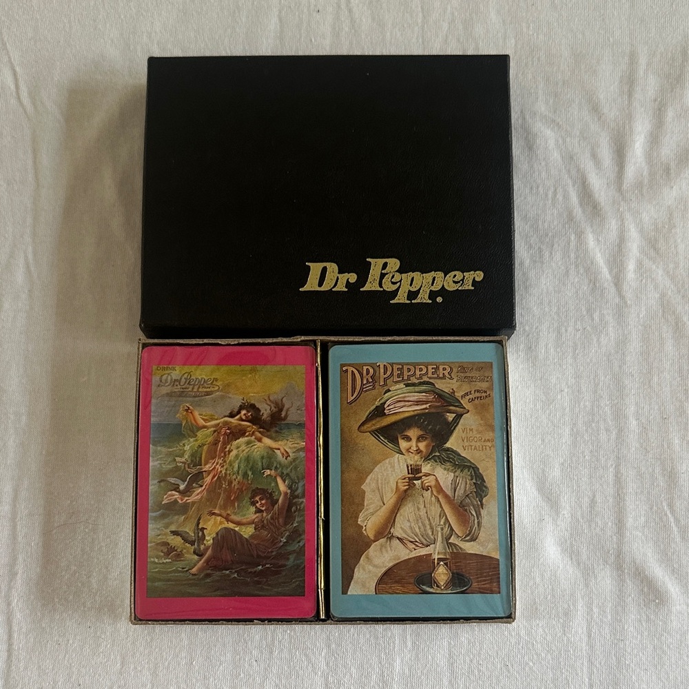 Dr Pepper Vintage Playing Cards Set - Black Box with Pink&Light Blue Decks 1970s